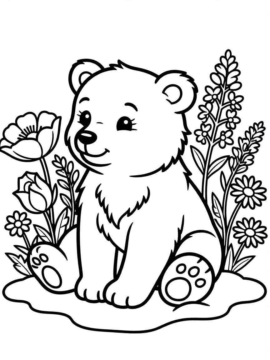 adorable polar bear with arctic flowers coloring page