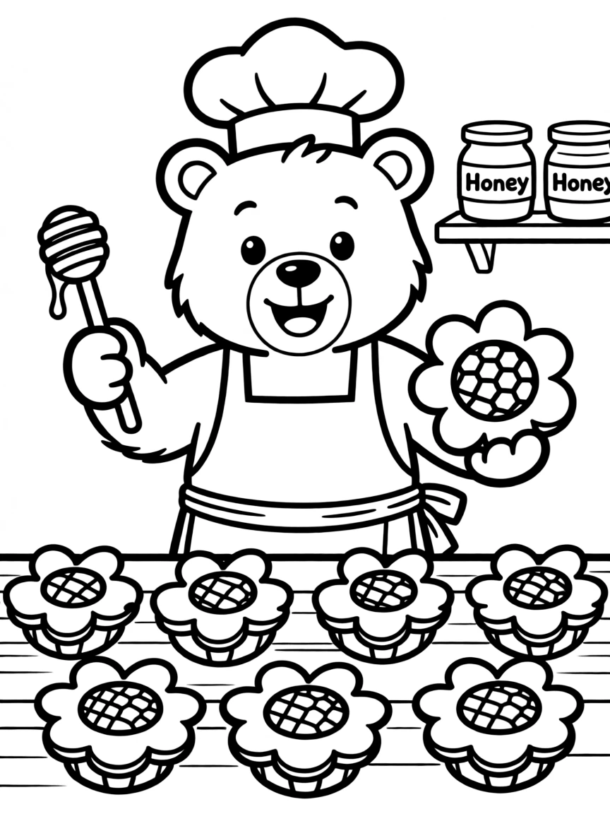 cute bear baker making honey flower cakes coloring page