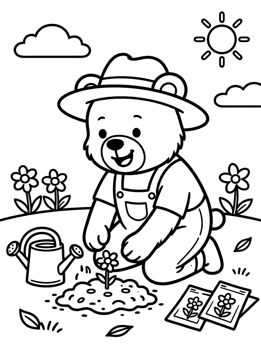 cartoon bear gardener planting flower seeds coloring page