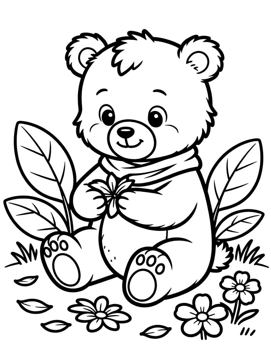 baby bear artist sculpting with flower petals coloring page