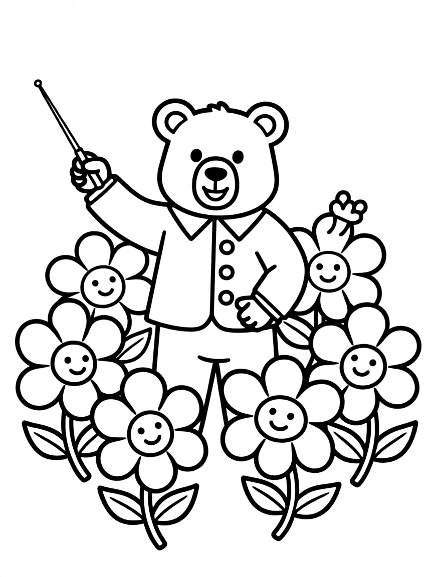 adorable bear musician conducting flower orchestra coloring page