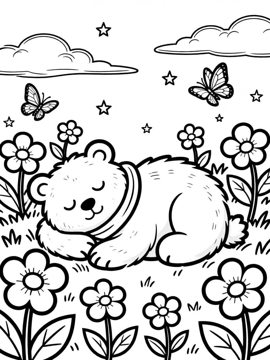 sleepy bear dreaming of flower meadows coloring page