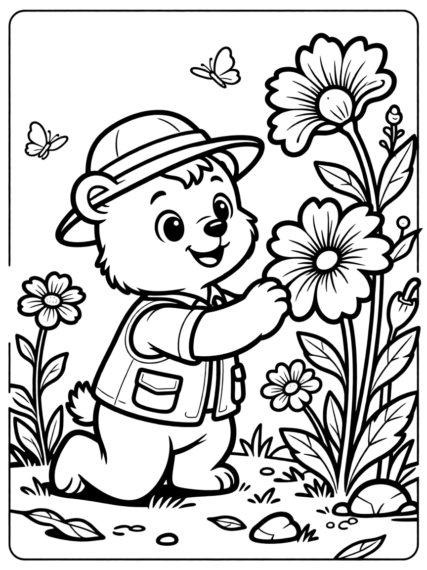 playful bear cub explorer discovering rare flowers coloring page