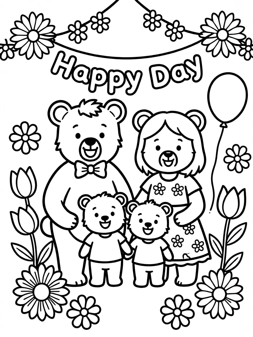 cute bear family celebrating with flower decorations coloring page