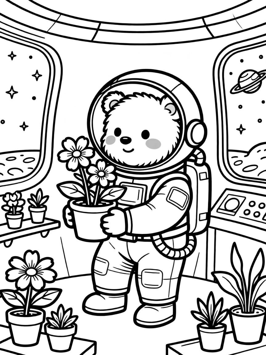 fluffy bear astronaut growing flowers in space station coloring page