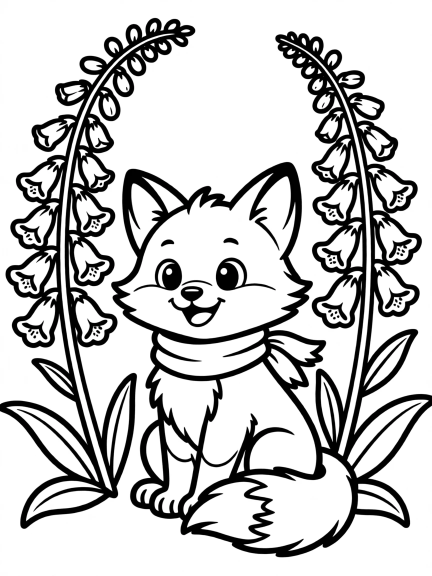 adorable cartoon fox kit with foxglove flowers coloring page