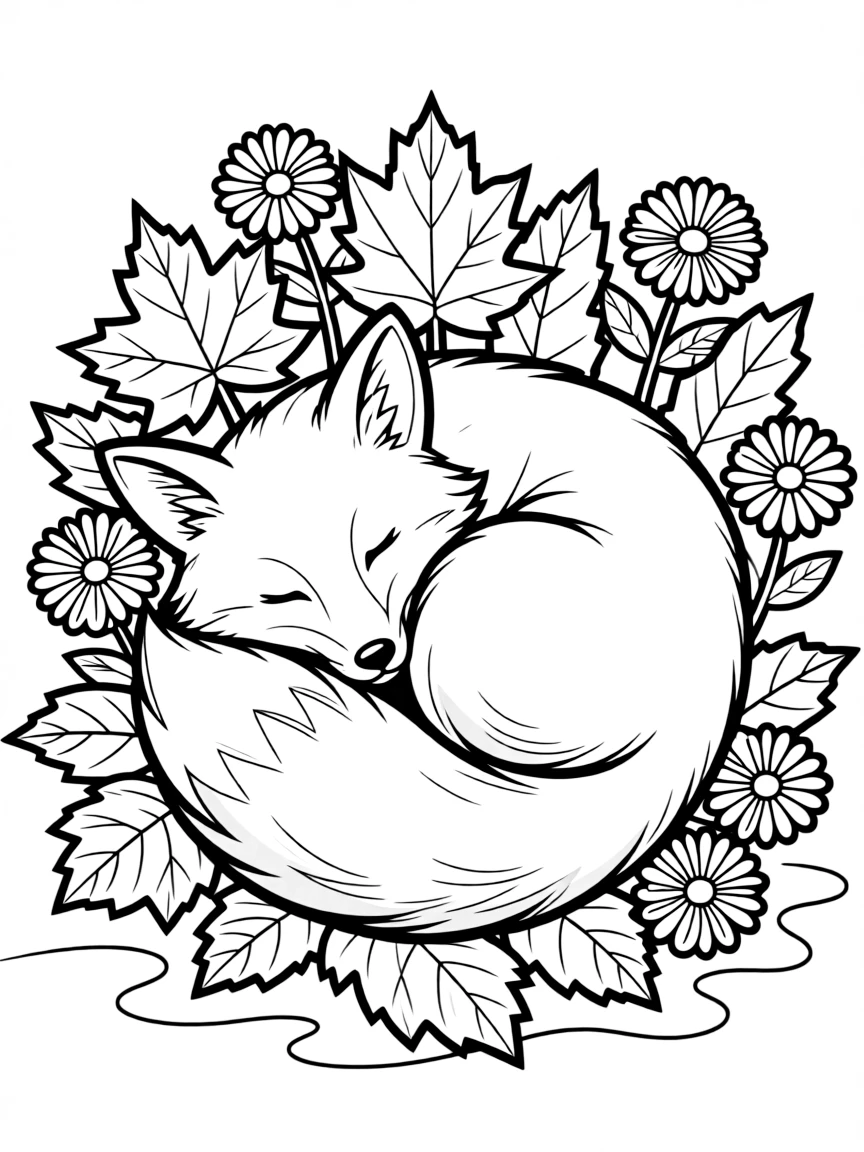 fluffy fox curled up in autumn leaves and mums coloring page