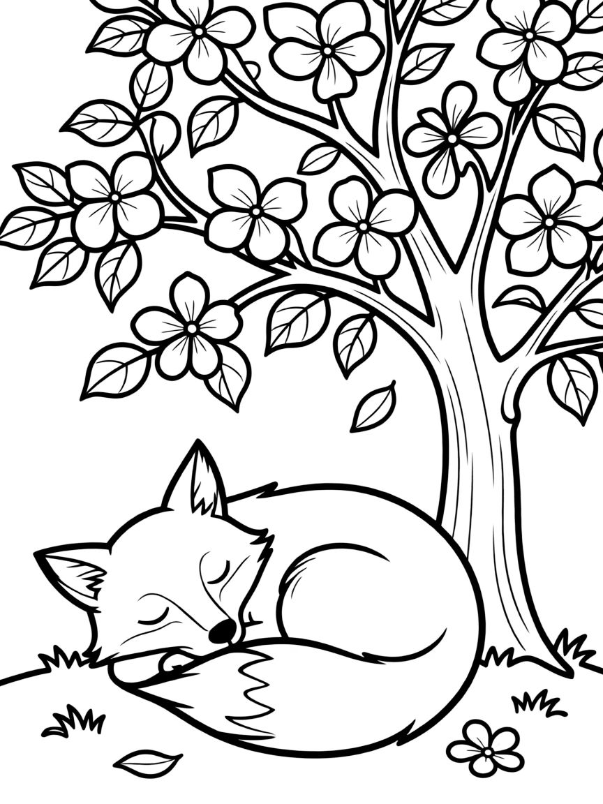 sleepy fox napping under flowering dogwood tree coloring page