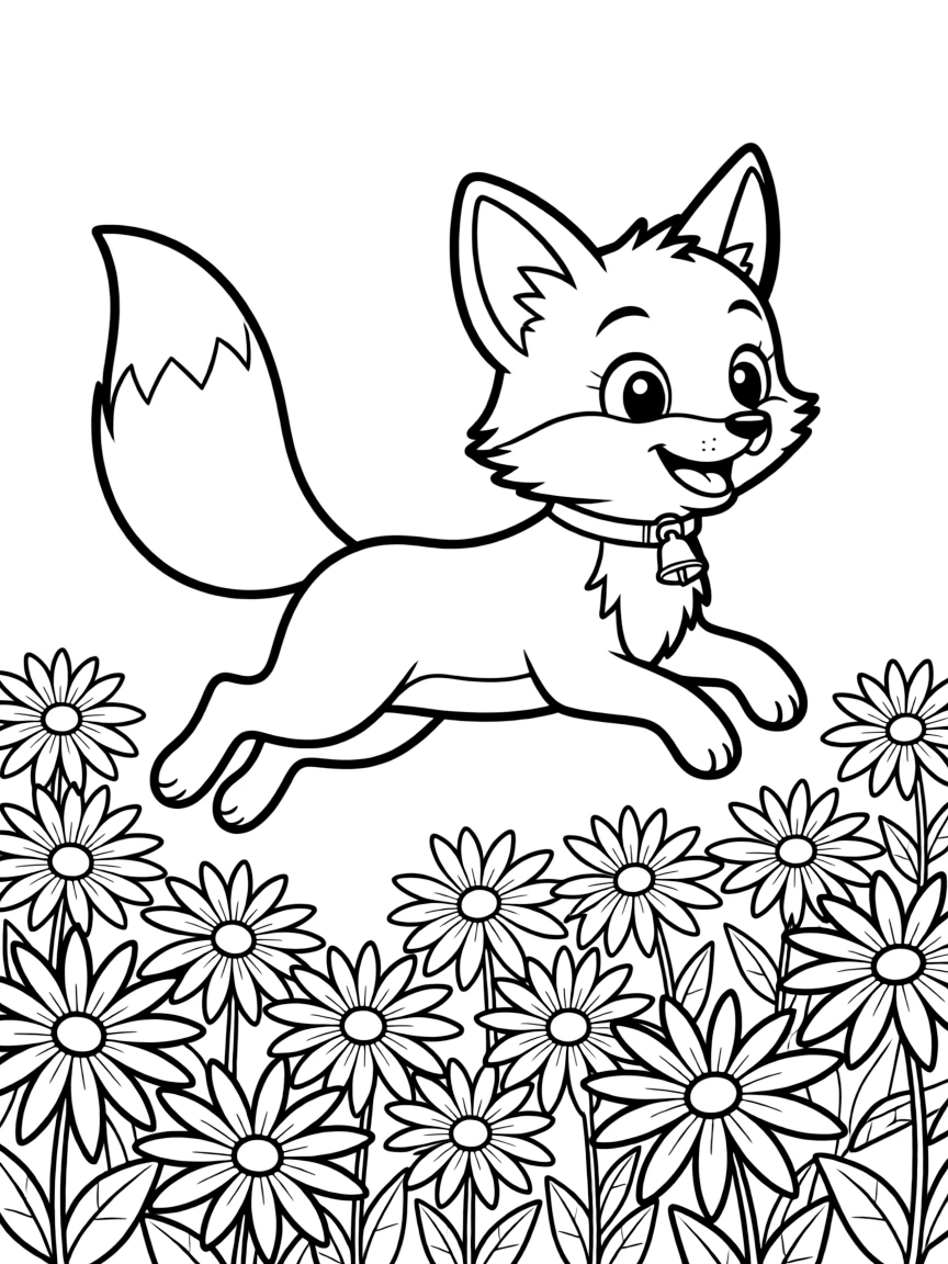 playful fox jumping through field of black-eyed Susans coloring page