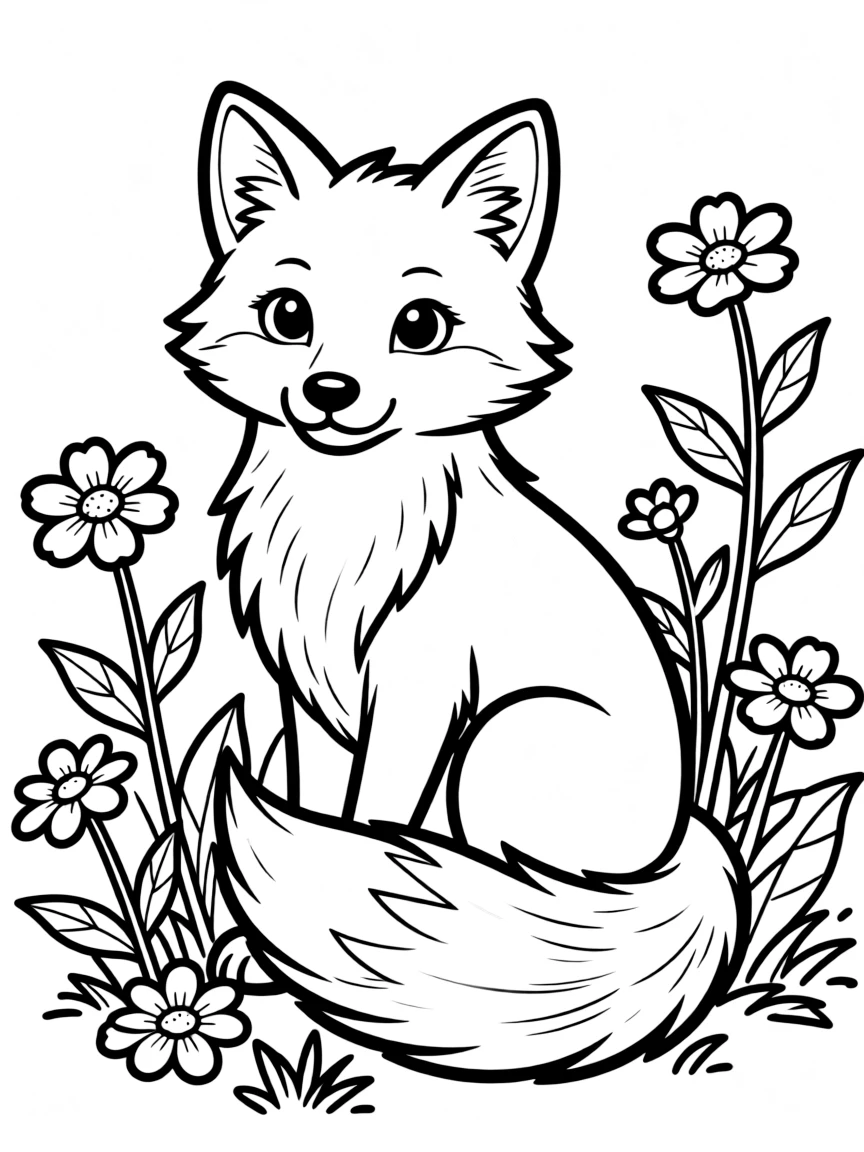 adorable arctic fox with mountain flowers coloring page