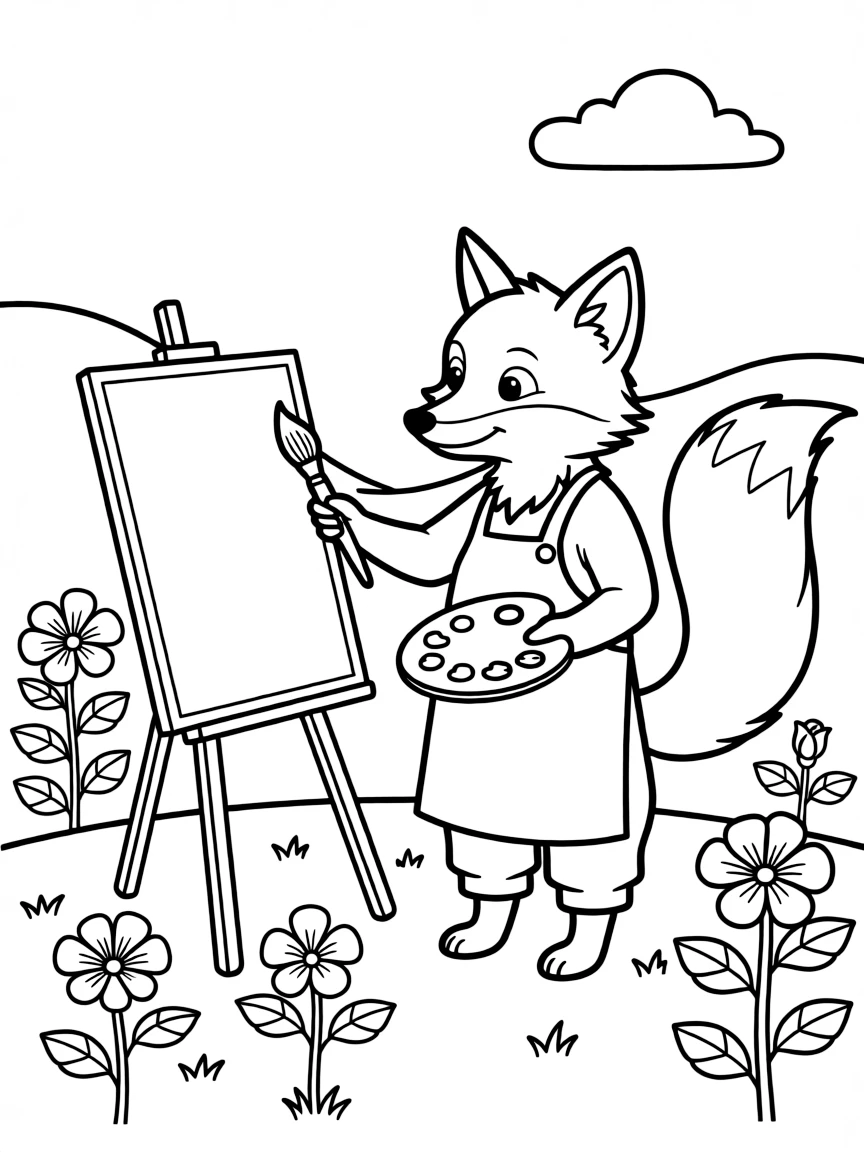 fluffy fox artist painting landscape with wild roses coloring page