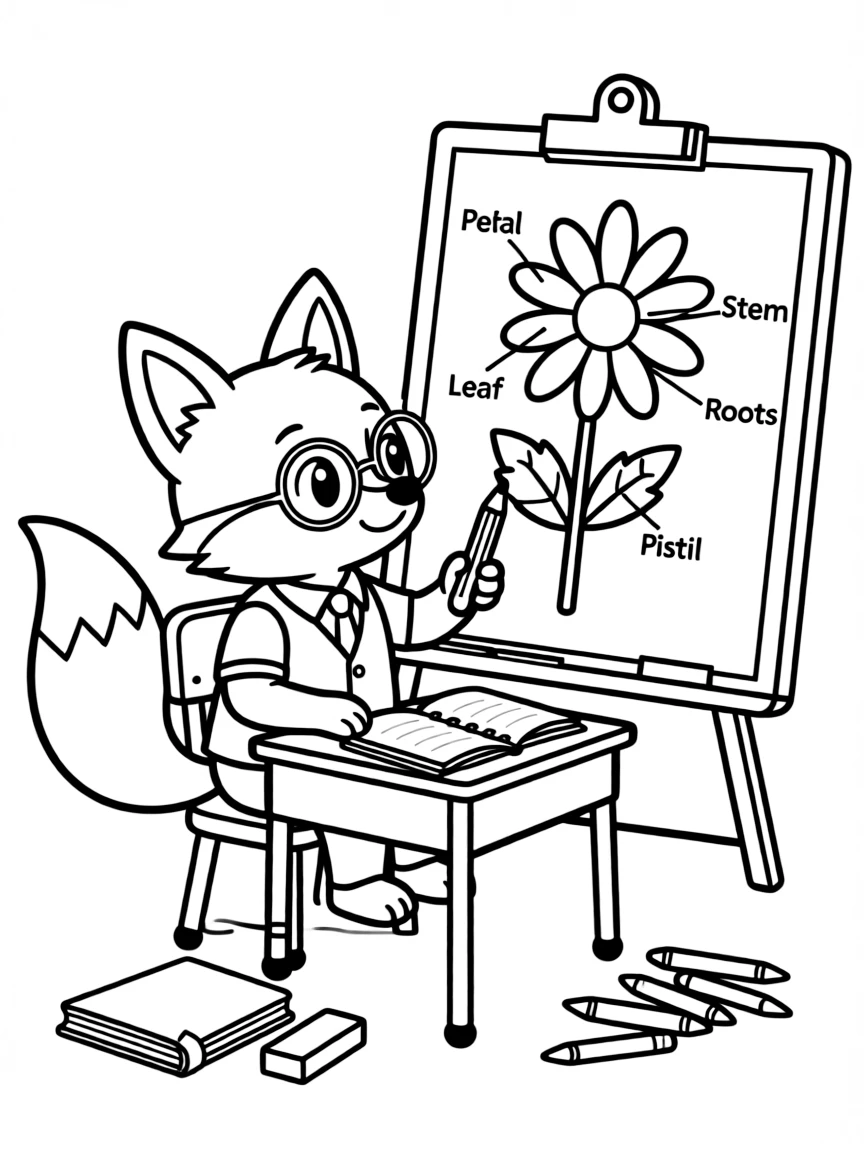 baby fox student learning about flower parts coloring page