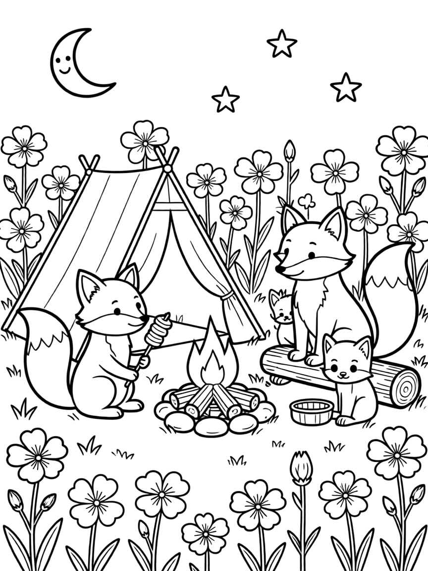 cute fox family camping in field of evening primrose coloring page