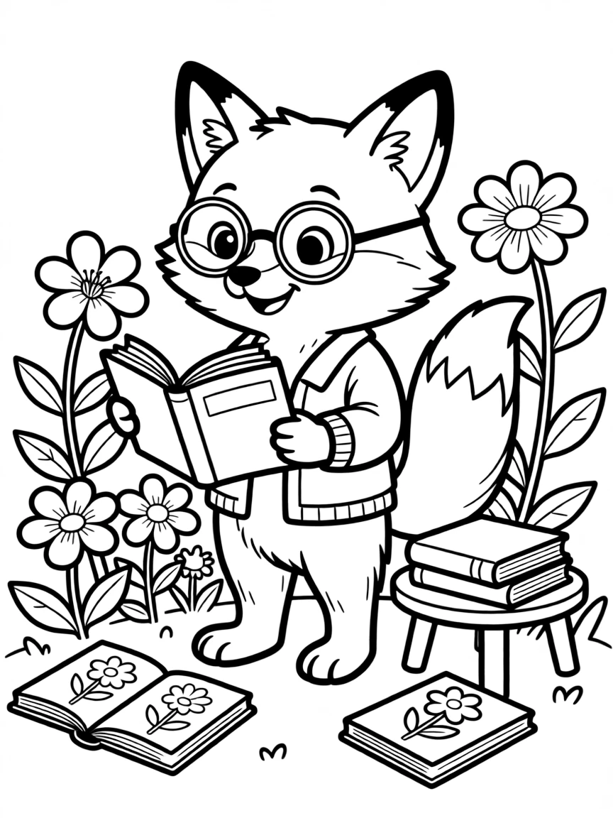fluffy fox librarian organizing flower field guides coloring page