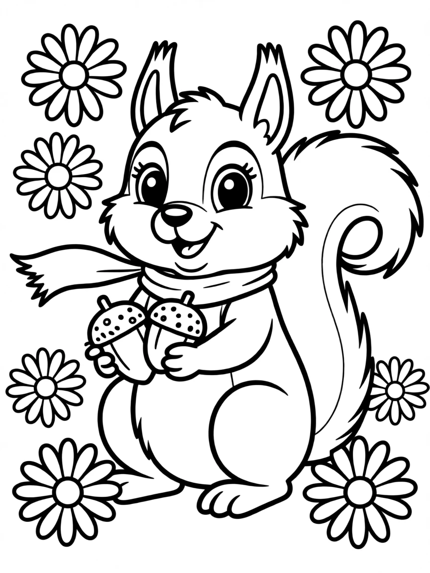 adorable cartoon squirrel with acorns and asters coloring page