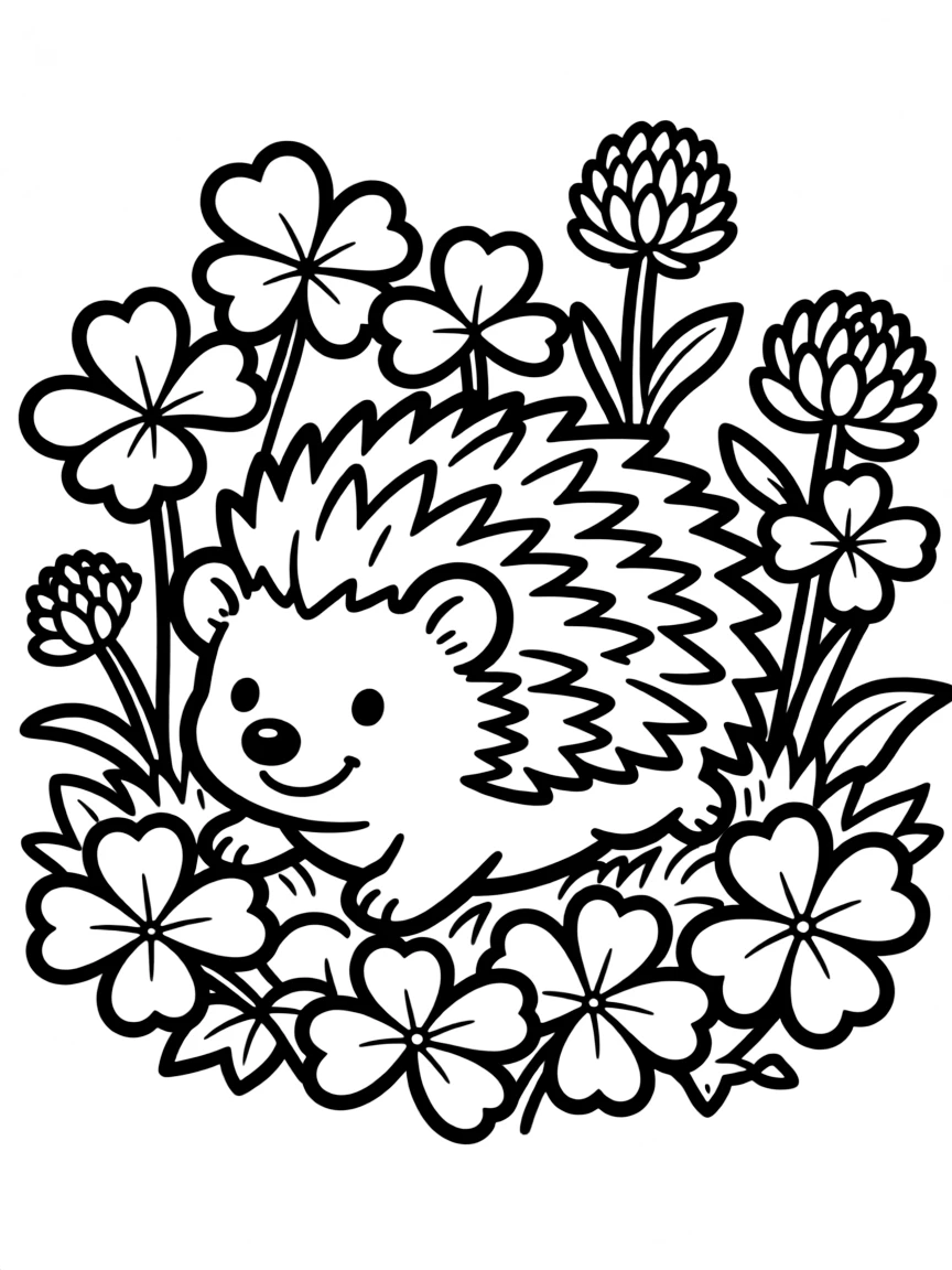cute hedgehog rolling in patch of clover flowers coloring page