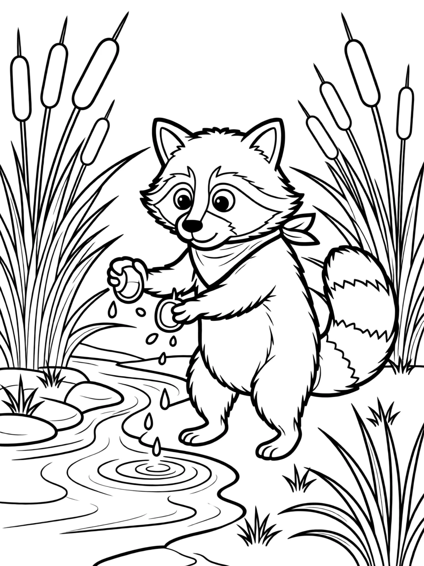 fluffy raccoon washing food near stream with cattails coloring page