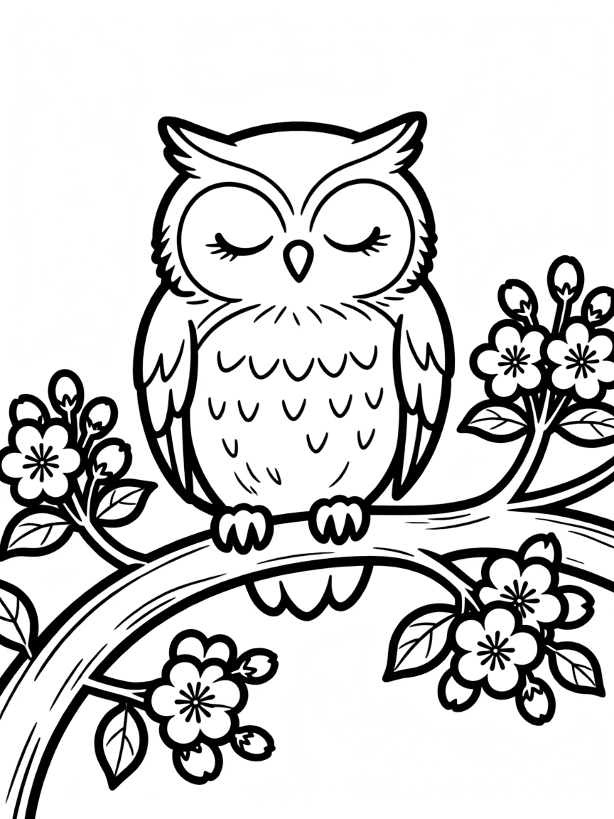 sleepy owl perched on branch with apple blossoms coloring page