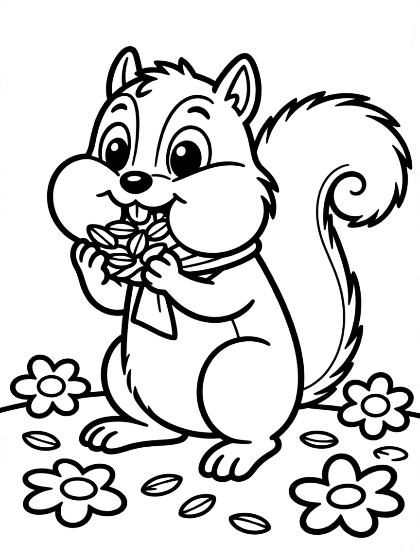 playful chipmunk stuffing cheeks with flower seeds coloring page