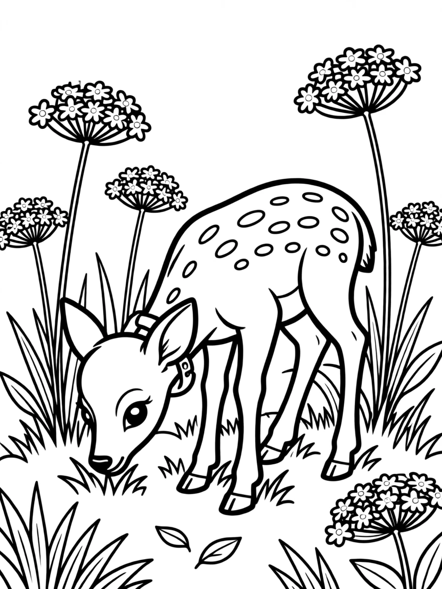 adorable deer fawn grazing in meadow of Queen Anne's lace coloring page