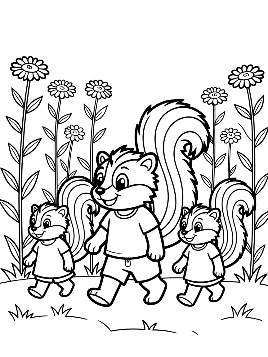 cute skunk family walking through field of goldenrod coloring page