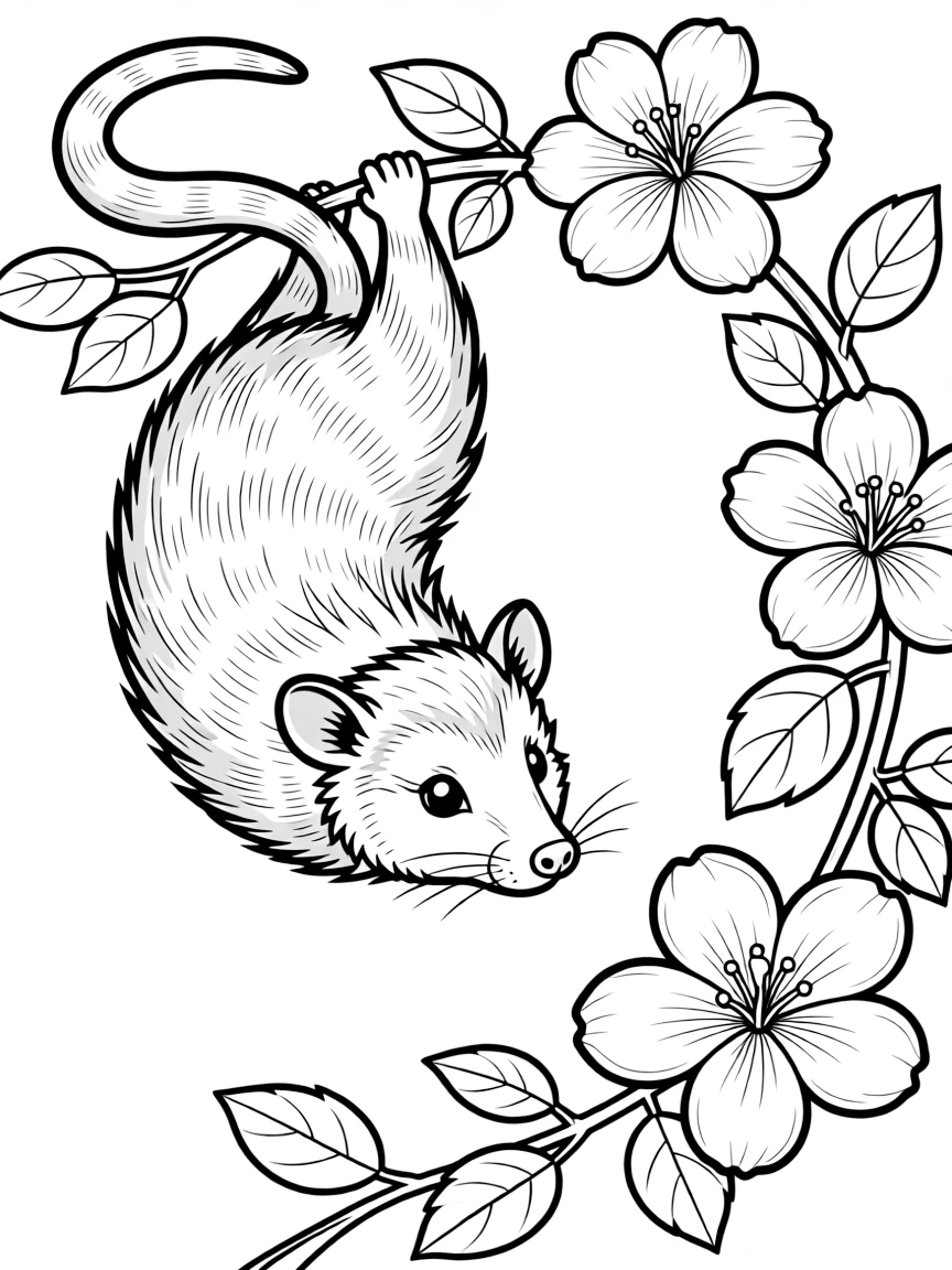 fluffy opossum hanging upside down from flowering vine coloring page