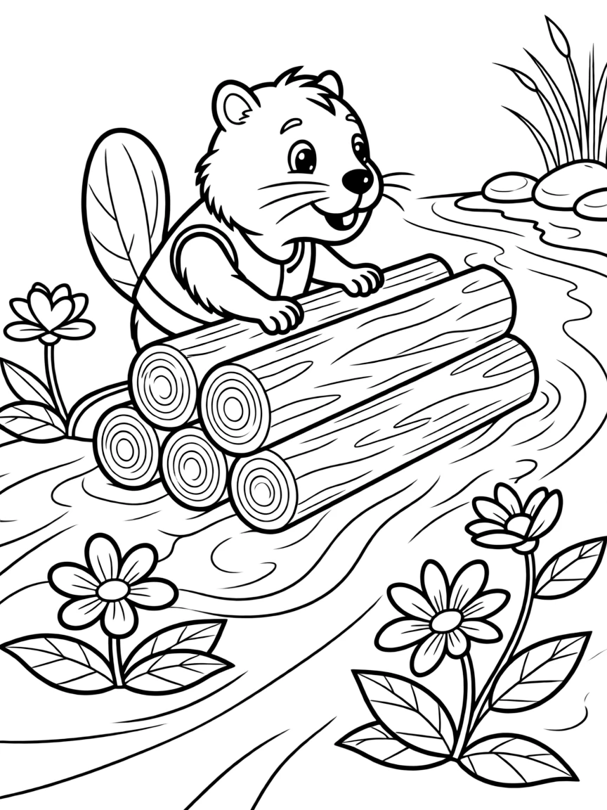 cartoon beaver building dam decorated with water flowers coloring page