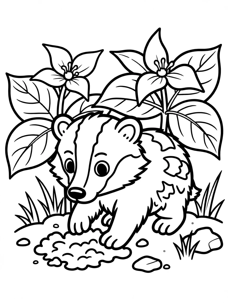 baby badger digging near patch of trilliums coloring page