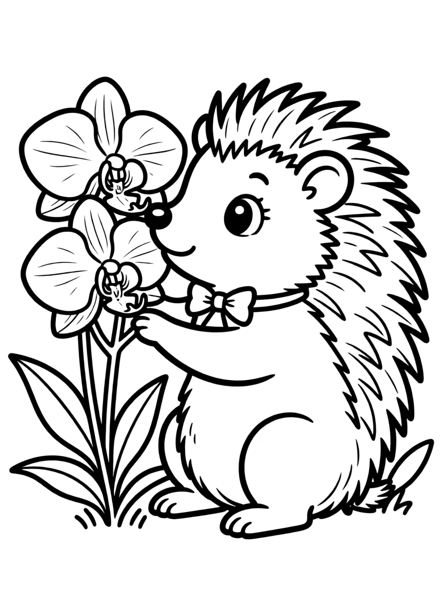 adorable porcupine carefully smelling delicate orchids coloring page