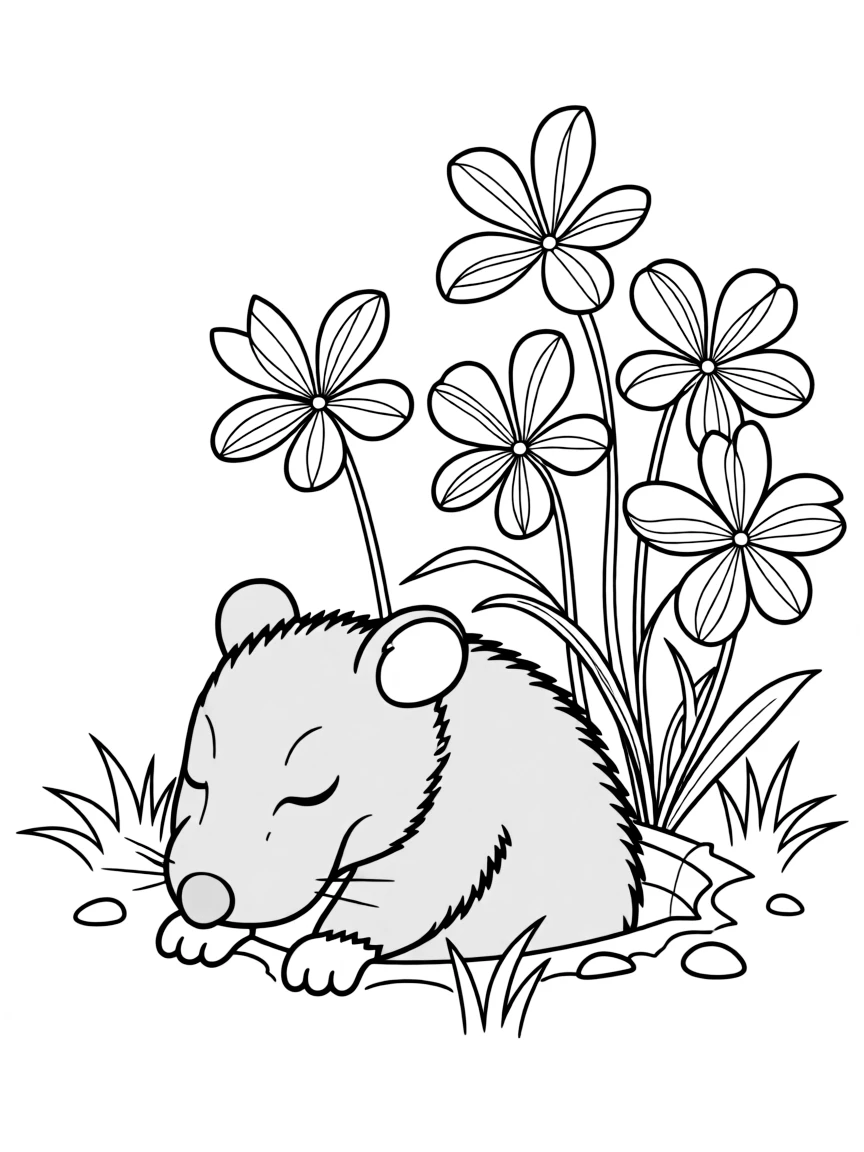 sleepy mole emerging near cluster of spring beauties coloring page