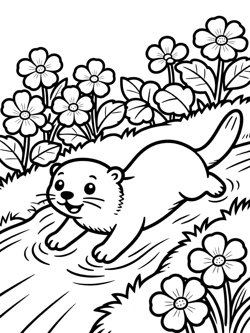 playful otter sliding through marsh marigolds coloring page