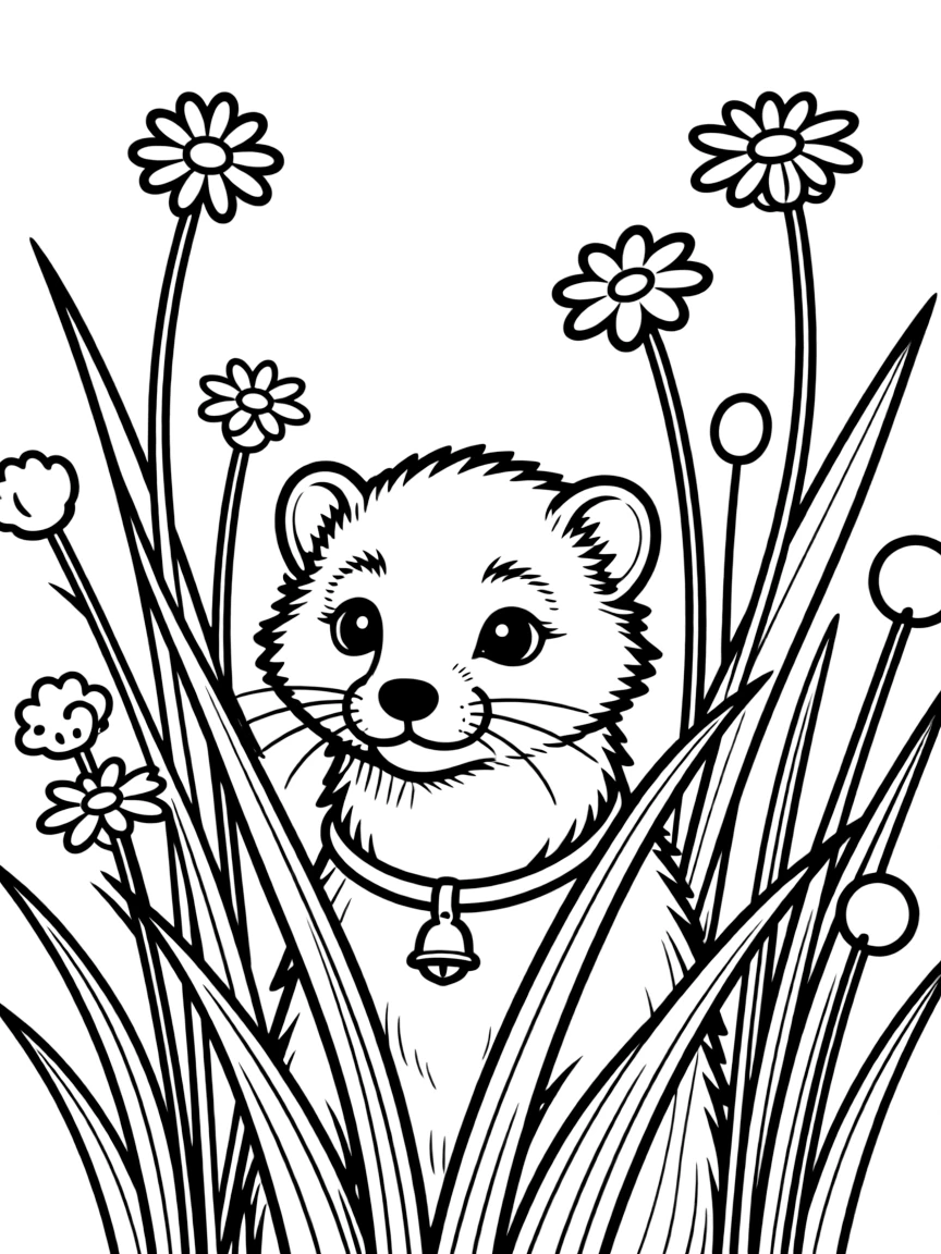 fluffy ferret playing hide and seek in tall flower grass coloring page