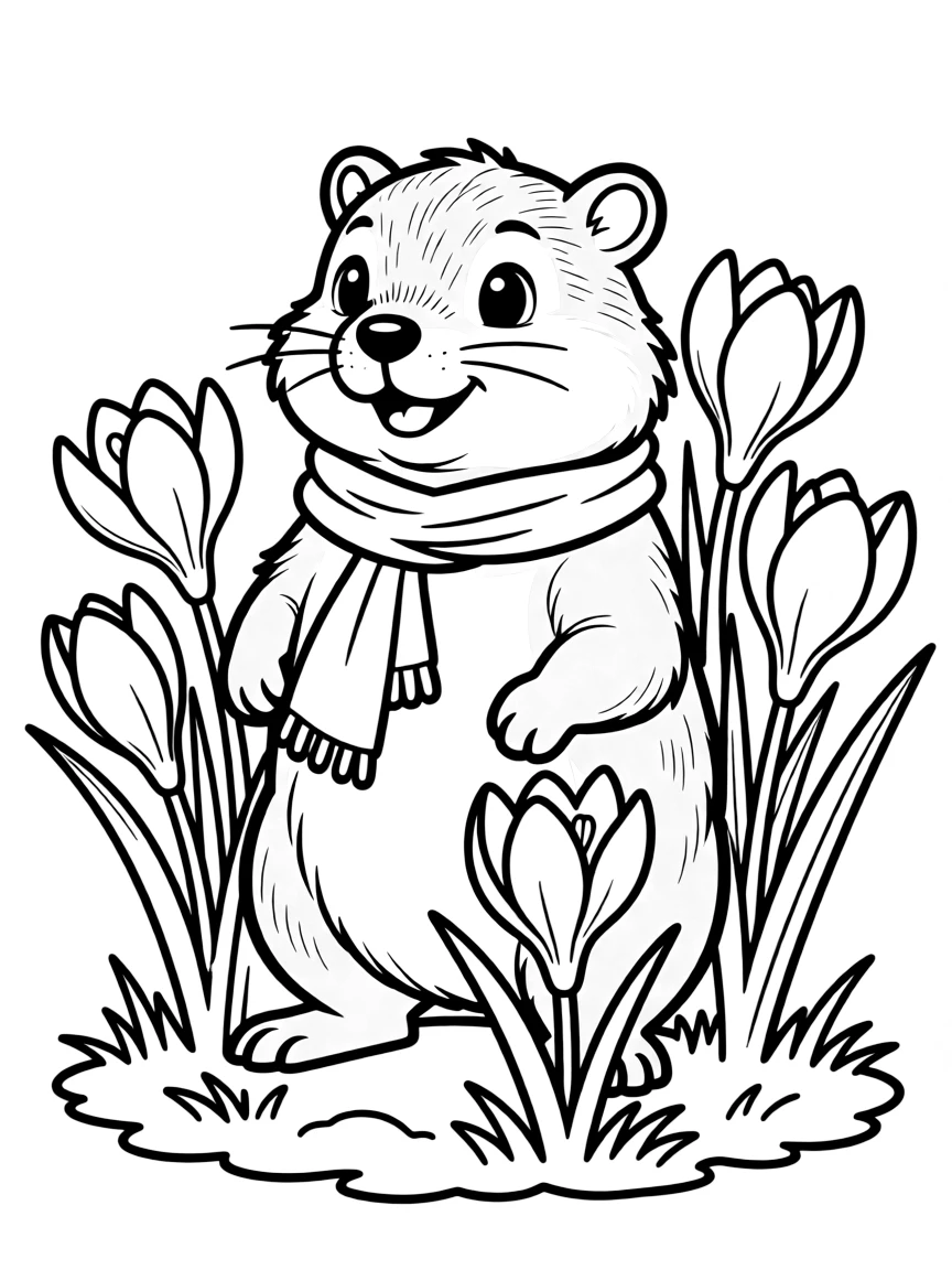 cute woodchuck groundhog predicting spring with crocuses coloring page