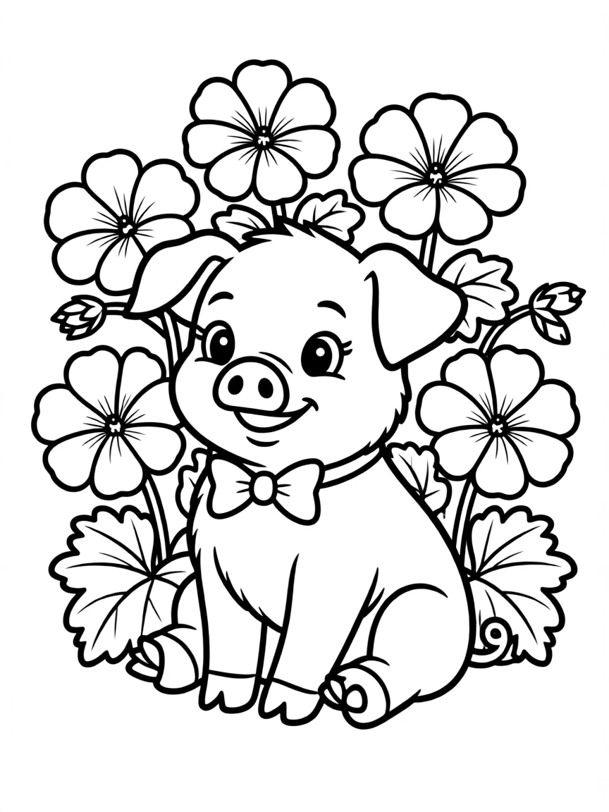 adorable cartoon piglet with pink geraniums coloring page