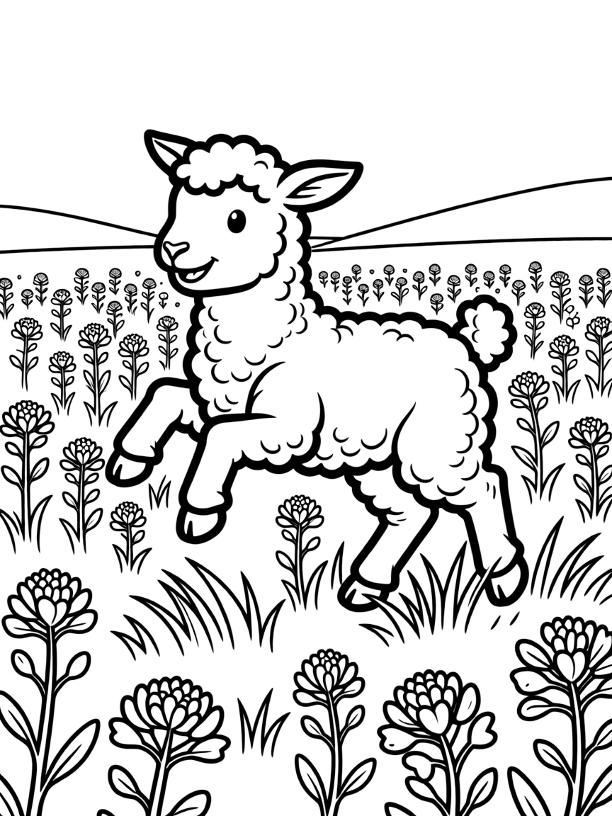 fluffy lamb frolicking in field of shepherd's purse coloring page