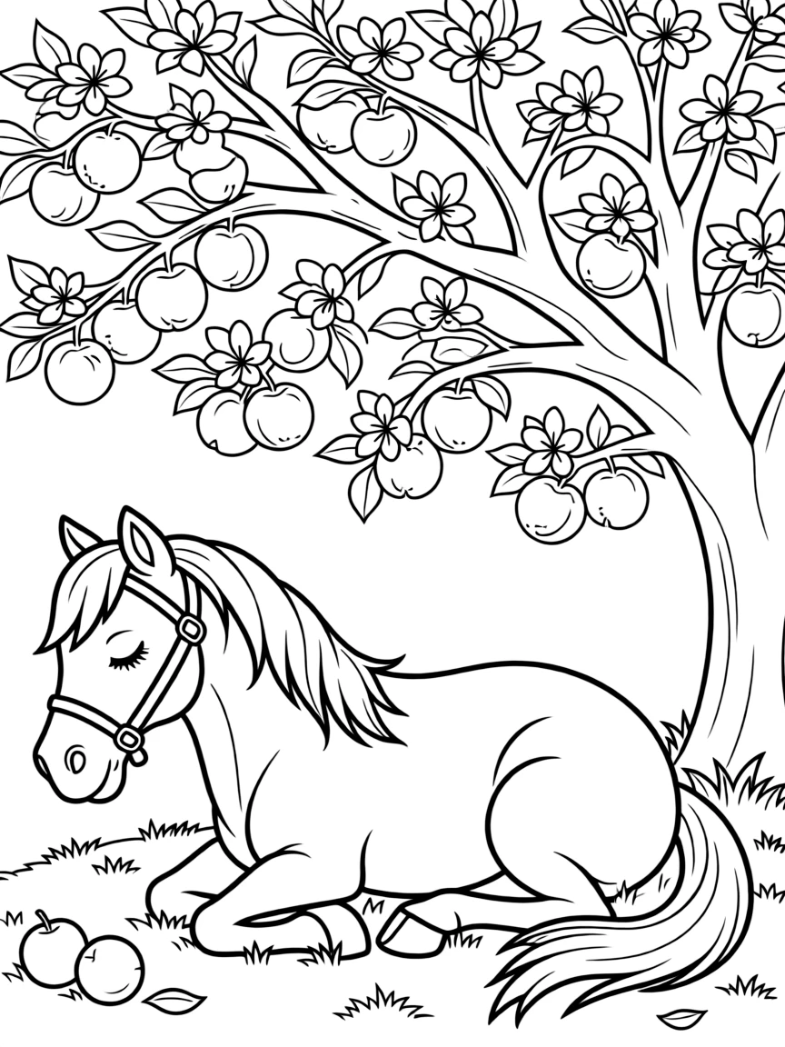 sleepy horse resting under flowering apple tree coloring page