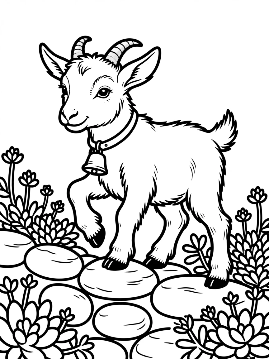 playful goat kid climbing over rock garden with sedums coloring page