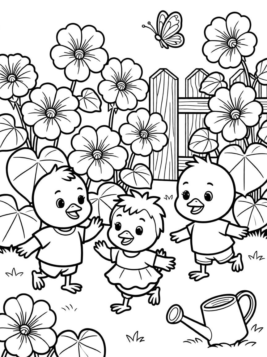 adorable chick family exploring garden of nasturtiums coloring page