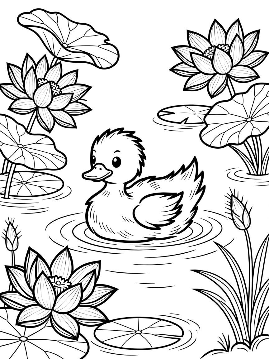 fluffy duckling swimming in pond with lotus flowers coloring page