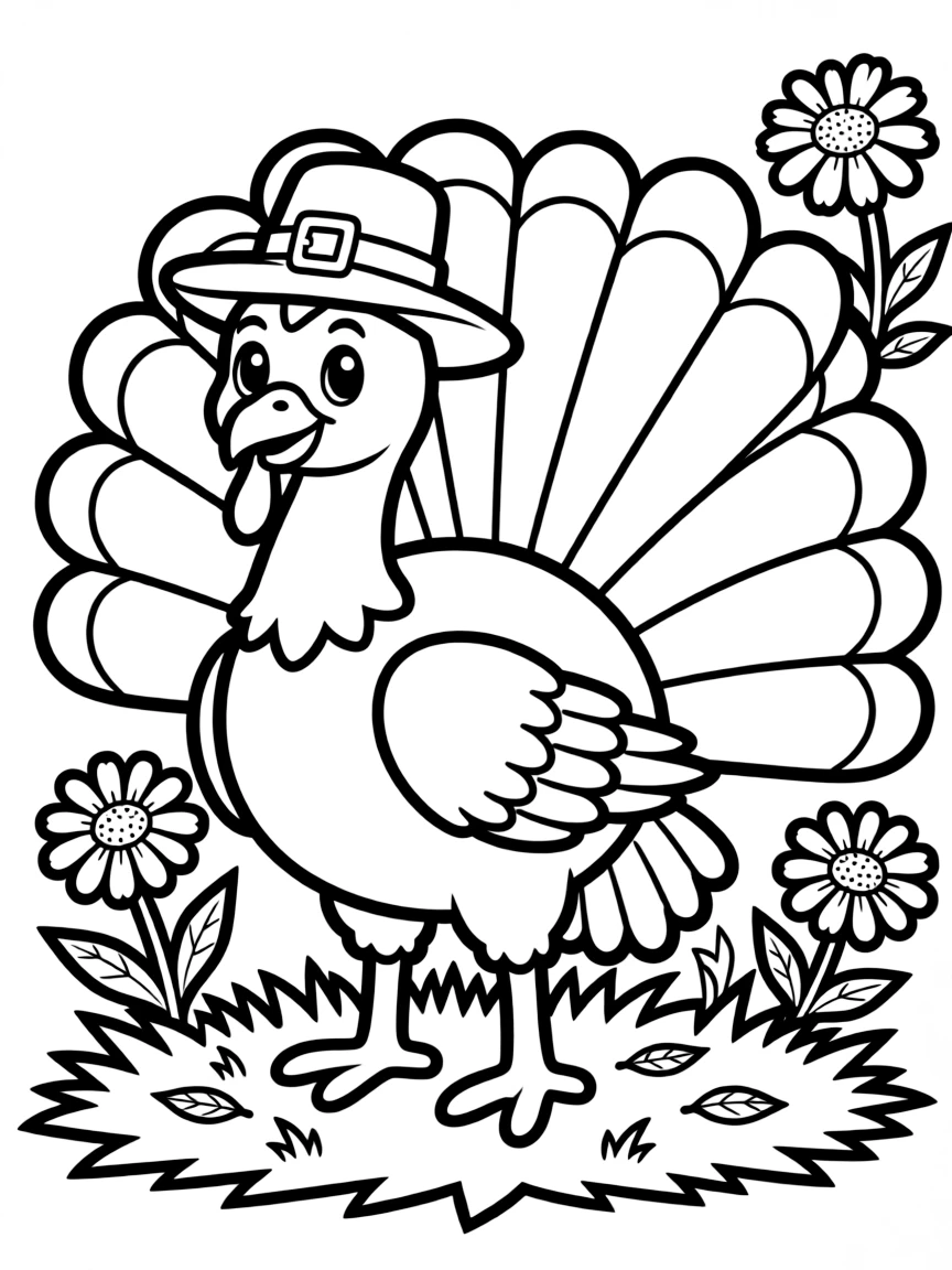cute turkey displaying tail feathers among marigolds coloring page