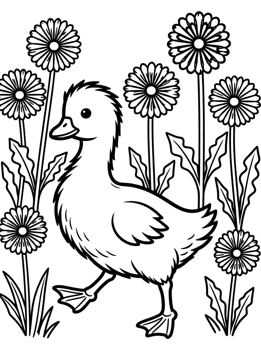 baby goose waddling through field of dandelions coloring page