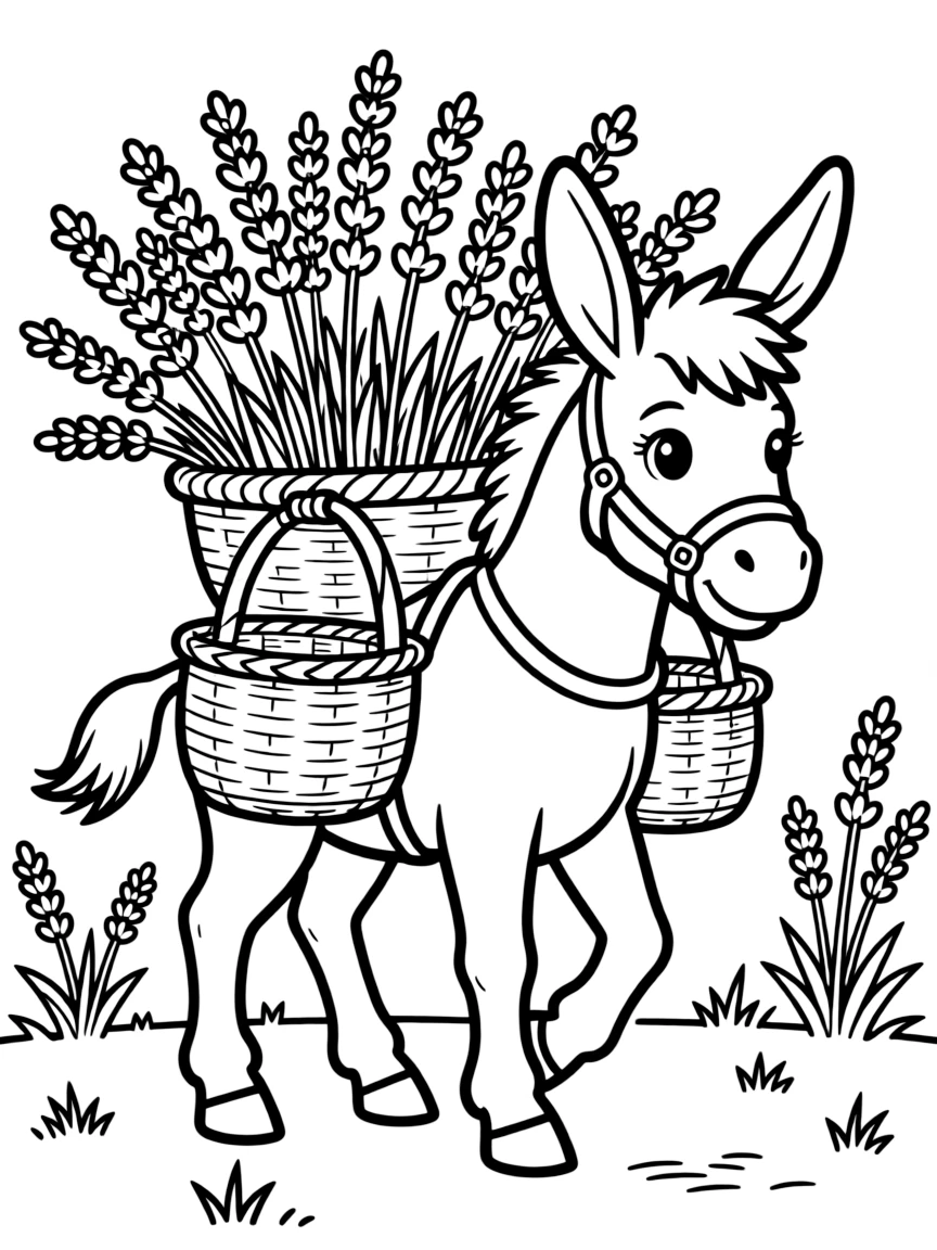 adorable donkey carrying baskets of lavender coloring page