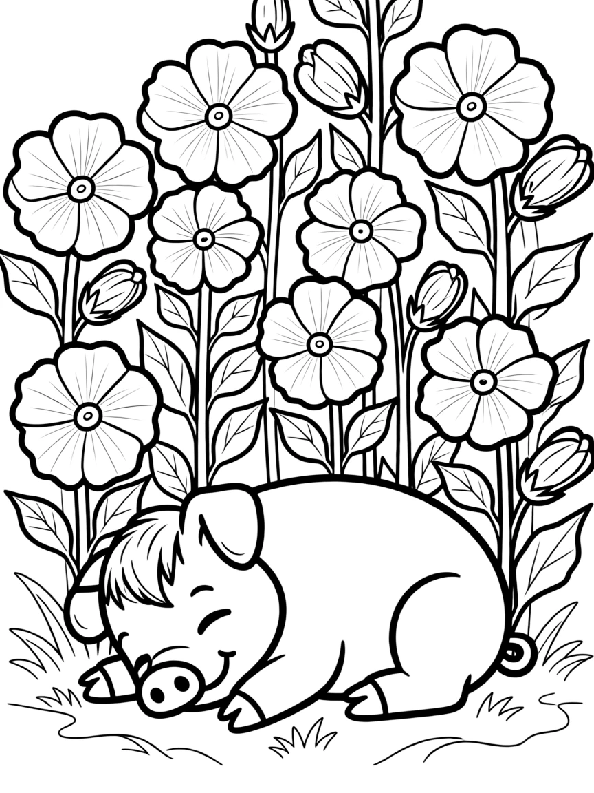 sleepy pig napping in shade of hollyhock flowers coloring page