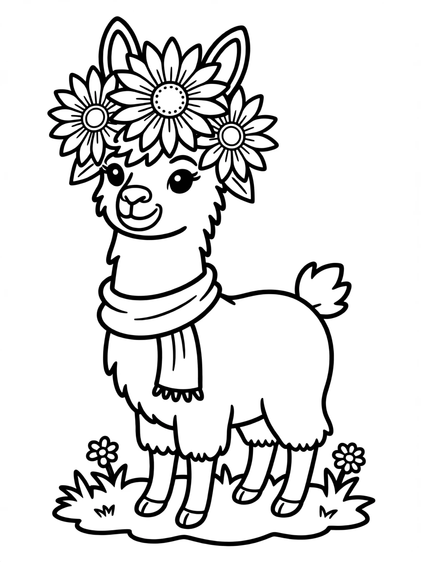 playful llama wearing crown of sunflowers coloring page