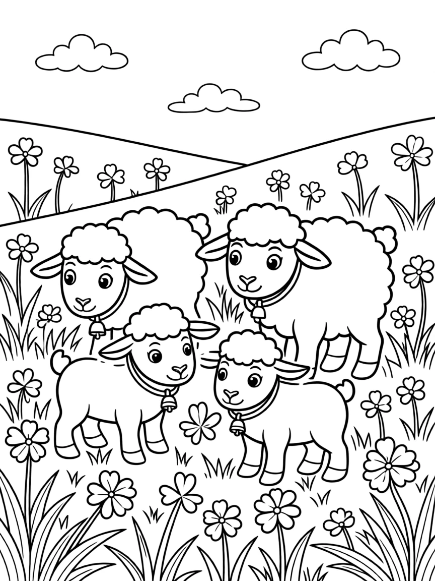 cute sheep family grazing in clover and buttercup meadow coloring page