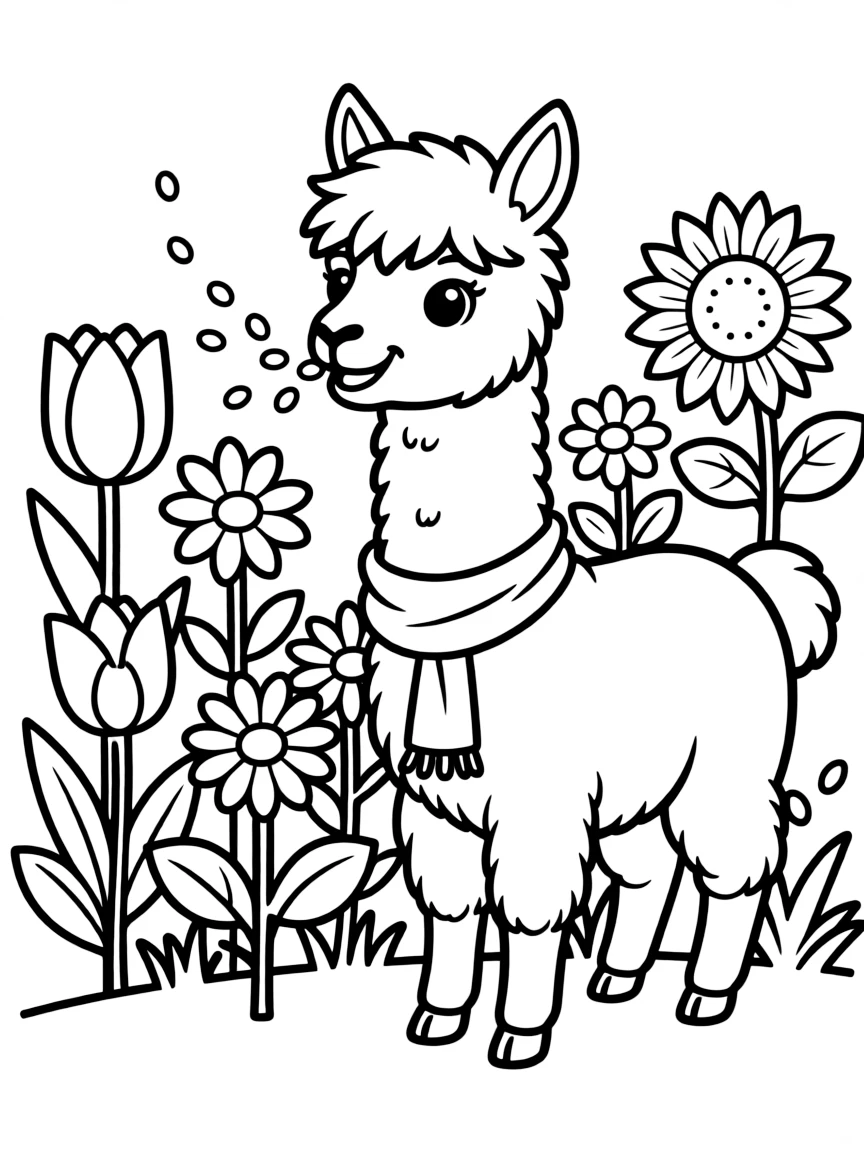 fluffy alpaca spitting seeds into flower garden coloring page