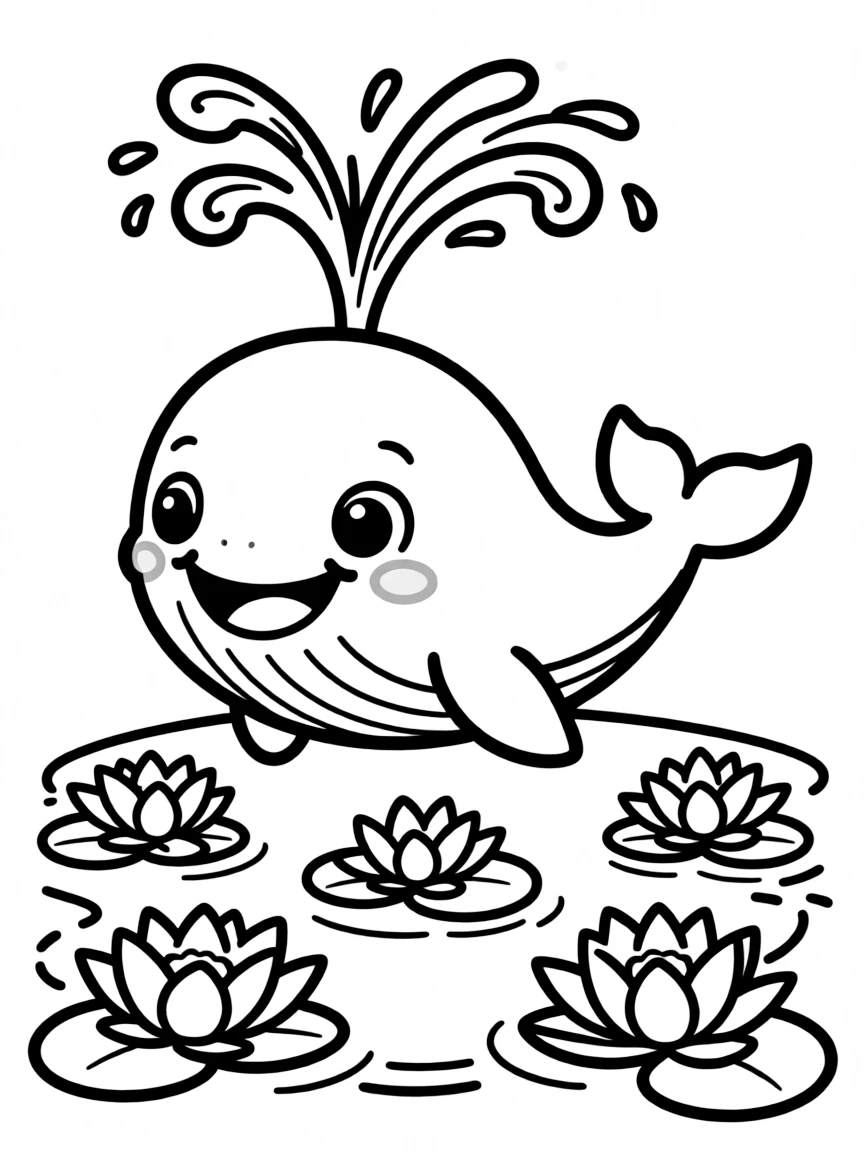 cute whale spouting water over floating water lilies coloring page