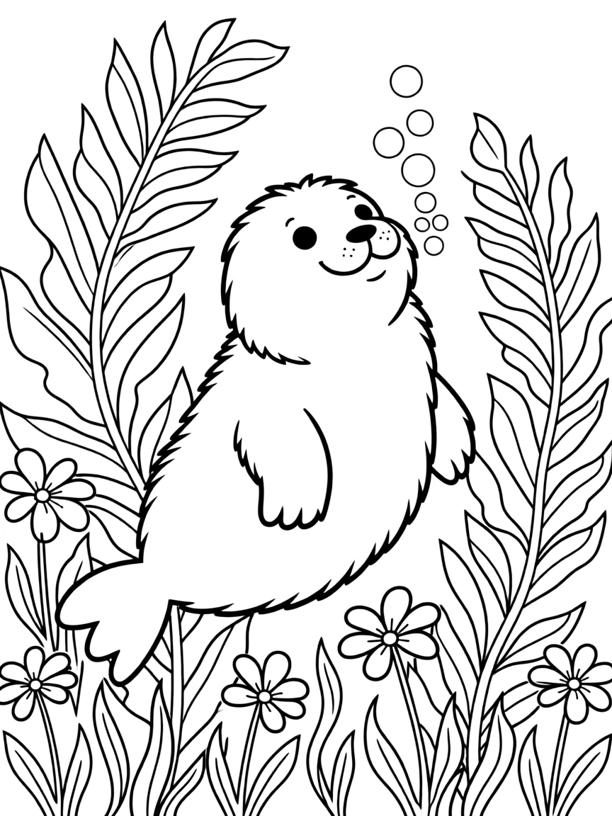 fluffy seal pup playing in kelp forest with sea flowers coloring page