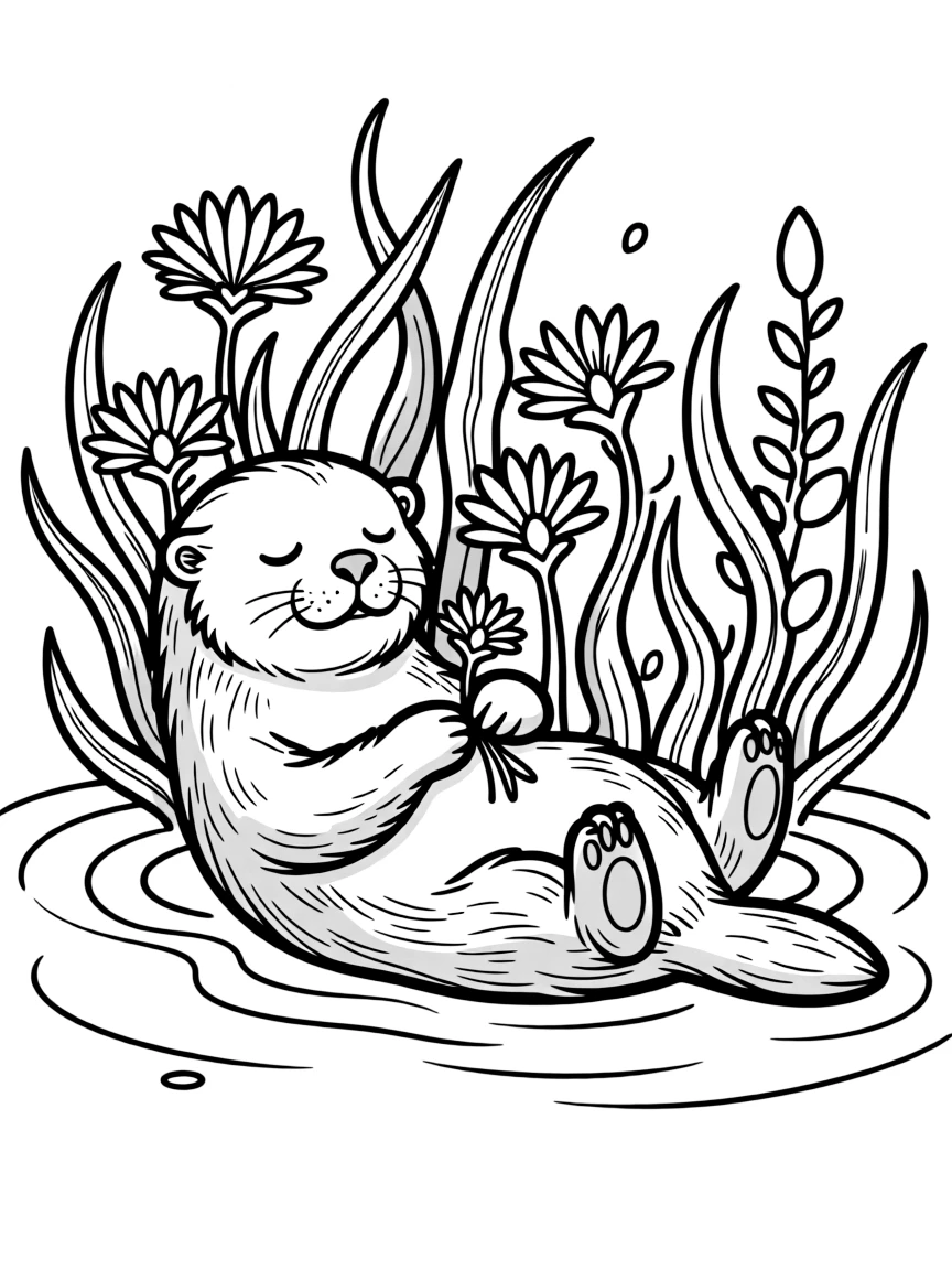 sleepy sea otter floating among sea grass blooms coloring page
