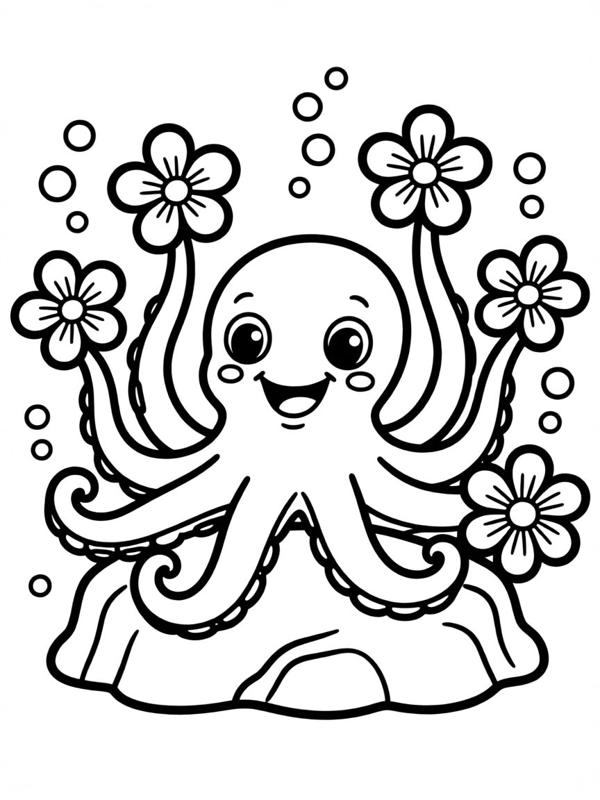 playful octopus juggling colorful coral flowers coloring page
